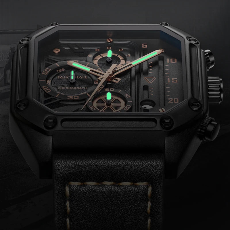 Mark Fairwhale 5570 SQUARIS men’s square chronograph watch with luminous hands and Arabic numerals for night visibility