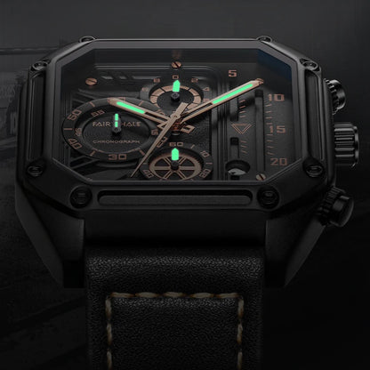 Mark Fairwhale 5570 SQUARIS men’s square chronograph watch with luminous hands and Arabic numerals for night visibility