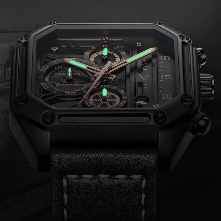 Mark Fairwhale 5570 SQUARIS men’s square chronograph watch with luminous hands and Arabic numerals for night visibility