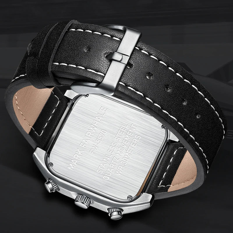 Mark Fairwhale 5570 SQUARIS men’s square chronograph watch stainless steel back engraving with leather strap and quartz movement
