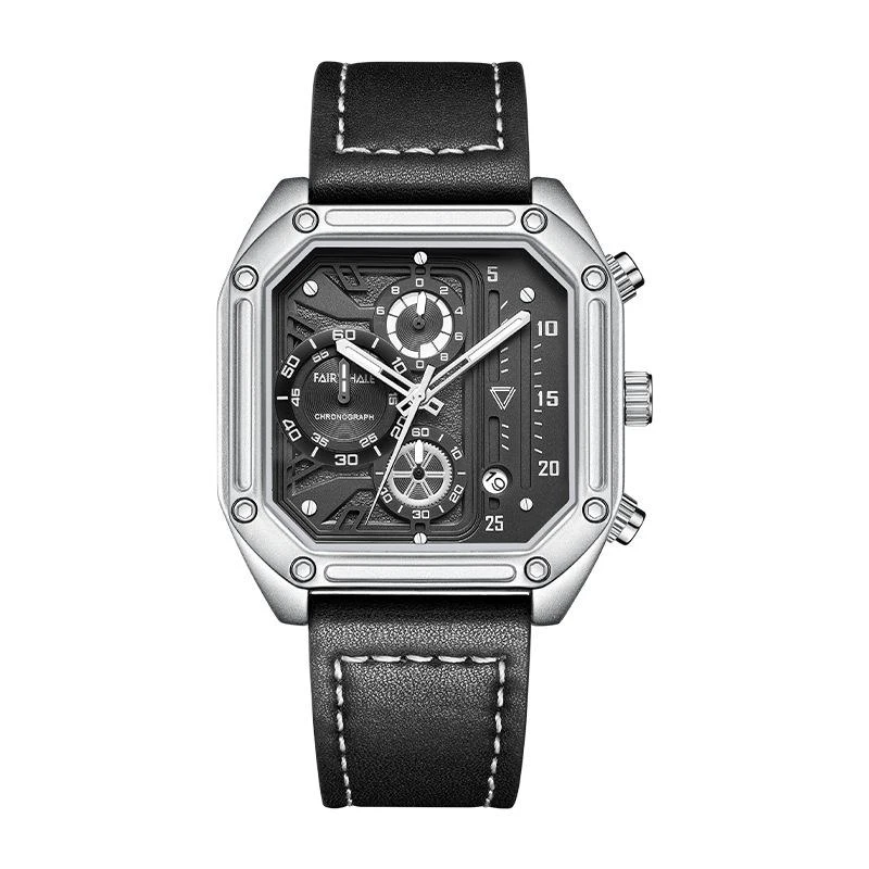Mark Fairwhale 5570 SQUARIS silver square chronograph watch for men with black dial and leather strap