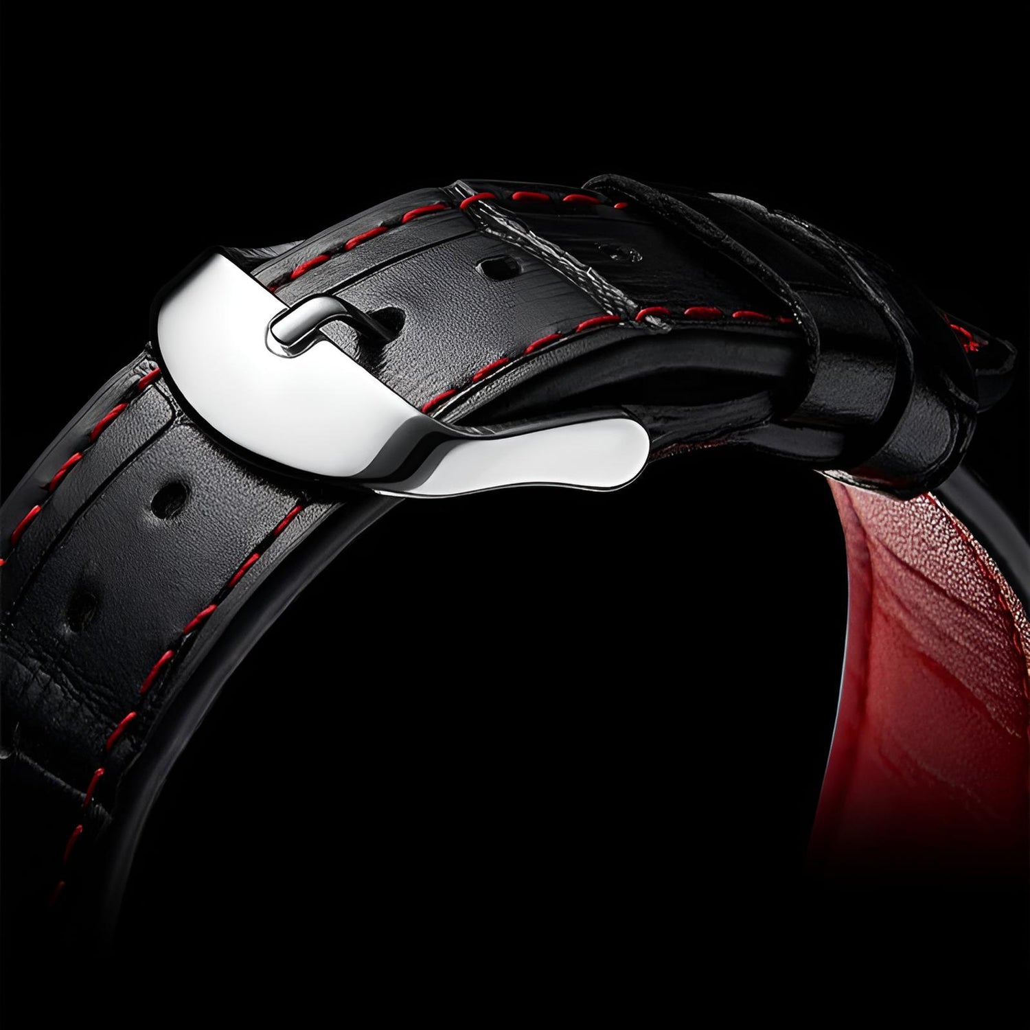 Mark Fairwhale 5600 Joker Watch Black crocodile leather strap with red stitching and stainless steel clasp