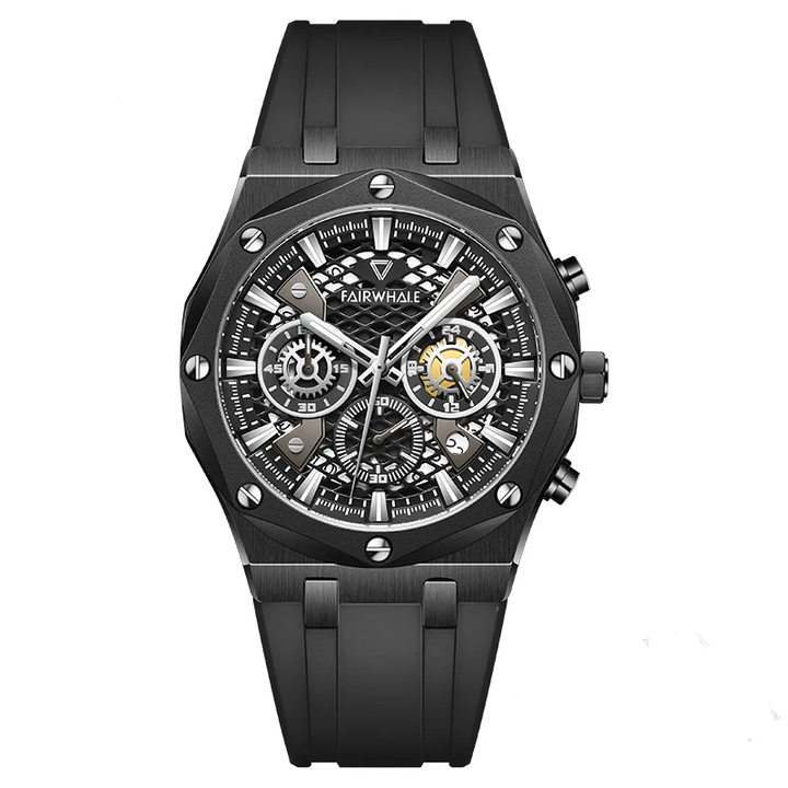 Mark Fairwhale 5660 ZYRON men’s chronograph sport watch with black rubber strap skeleton dial quartz movement