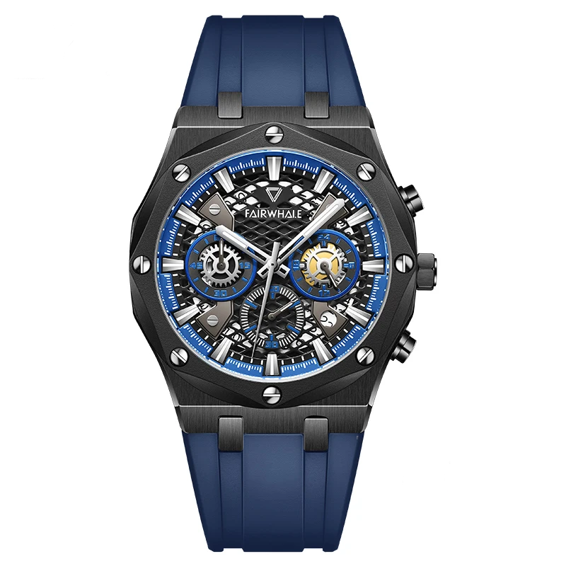 Mark Fairwhale 5660 ZYRON men’s sport chronograph quartz watch with blue rubber strap and skeleton dial