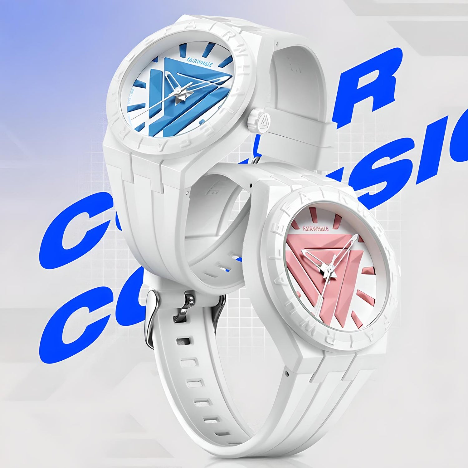 Mark Fairwhale 5680 ELIAN unisex quartz watches in white resin case with blue and pink numberless dials