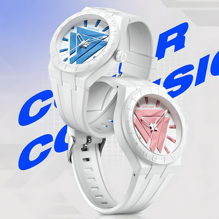 Mark Fairwhale 5680 ELIAN unisex quartz watches in white resin case with blue and pink numberless dials