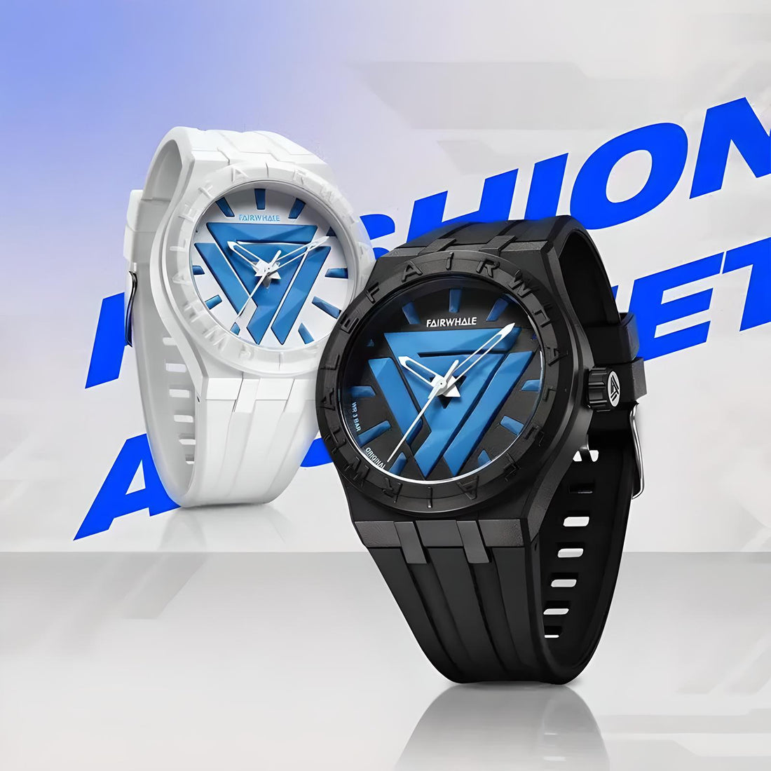 Mark Fairwhale 5680 ELIAN unisex quartz watches in black and white silicone straps with blue dial design