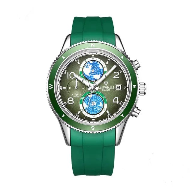 Mark Fairwhale 5730 VELTORIX men’s chronograph quartz watch with green silicone strap and globe dial design