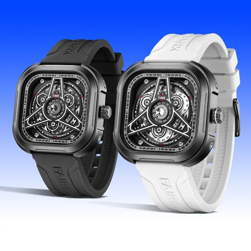 Mark Fairwhale 5740 square quartz watches side by side in black and white straps
