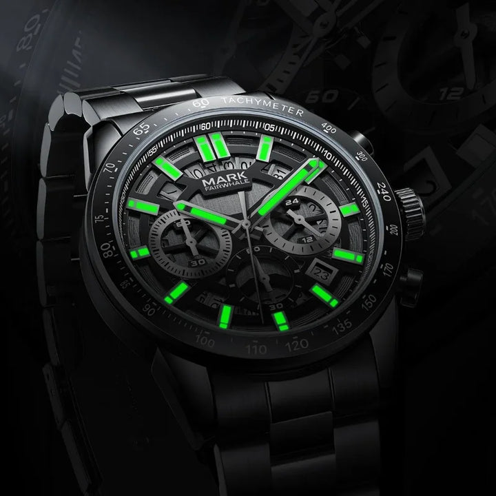 Mark Fairwhale 5880 NOCTUM luminous chronograph watch glowing in the dark with sapphire crystal