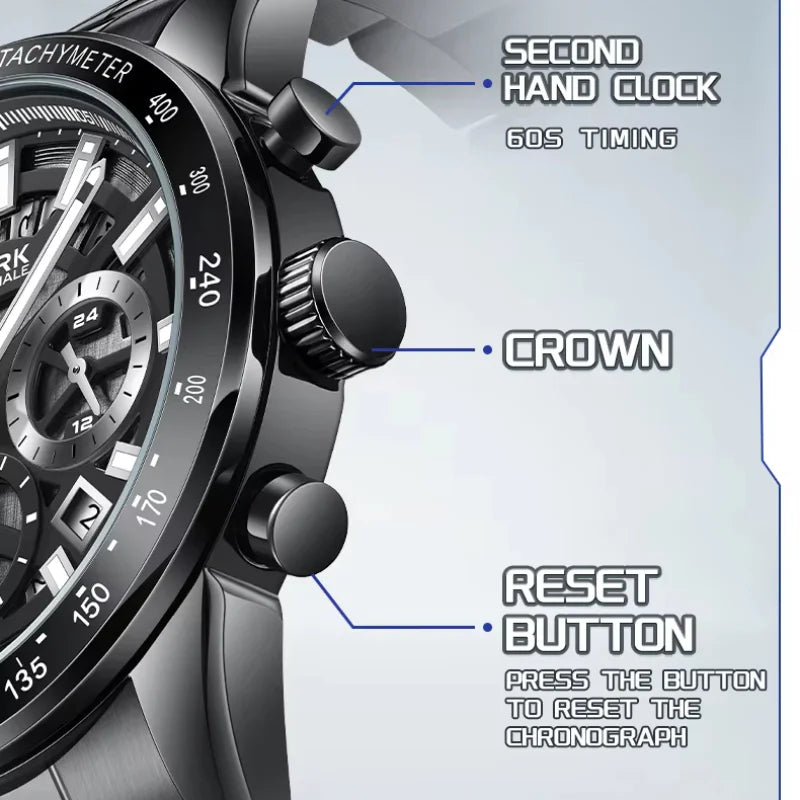 Mark Fairwhale 5880 NOCTUM men’s chronograph watch with crown and reset button details