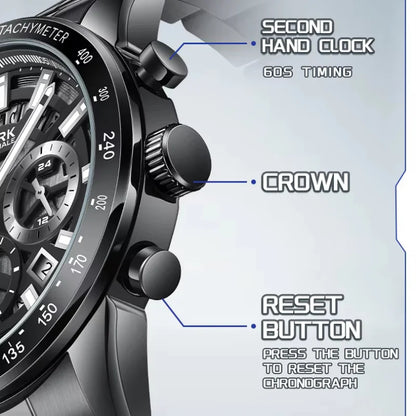 Mark Fairwhale 5880 NOCTUM men’s chronograph watch with crown and reset button details
