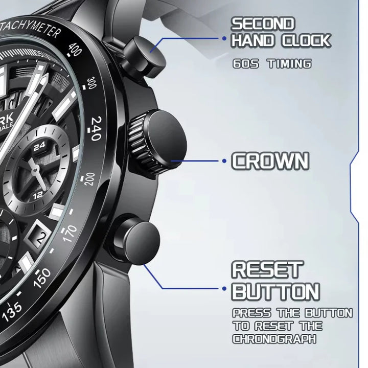 Mark Fairwhale 5880 NOCTUM men’s chronograph watch with crown and reset button details