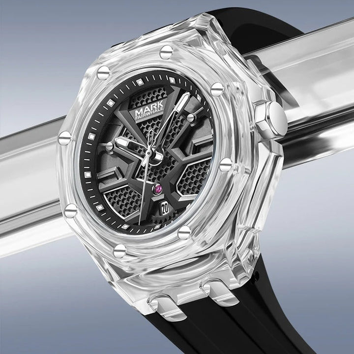 Mark Fairwhale 5920 VALIOMAX transparent sport watch with black dial encased in crystal-clear housing, splash effect background