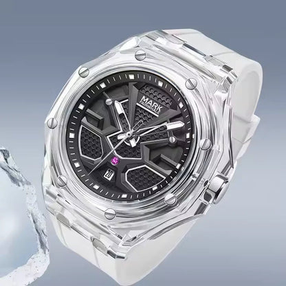 Mark Fairwhale 5920 VALIOMAX transparent sport watch with white dial encased in crystal-clear housing, splash effect background