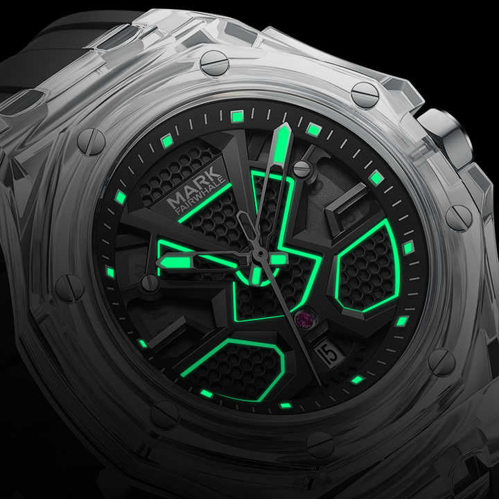 Mark Fairwhale 5920 VALIOMAX transparent sport watch with black dial encased in crystal-clear housing, splash effect background