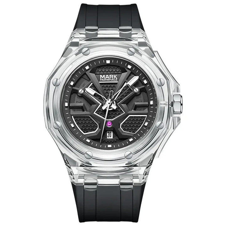 Mark Fairwhale 5920 VALIOMAX transparent sport watch with black dial encased in crystal-clear housing, splash effect background