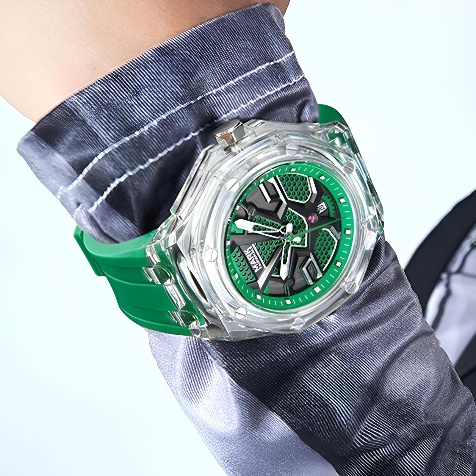 Mark Fairwhale 5920 VALIOMAX transparent sport watch with green dial encased in crystal-clear housing, splash effect background