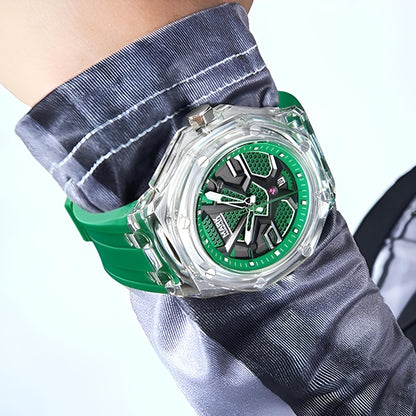 Mark Fairwhale 5920 VALIOMAX transparent sport watch with green dial encased in crystal-clear housing, splash effect background