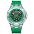 Mark Fairwhale 5920 VALIOMAX transparent sport watch with green dial encased in crystal-clear housing, splash effect background