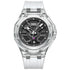 Mark Fairwhale 5920 VALIOMAX transparent sport watch with white dial encased in crystal-clear housing, splash effect background