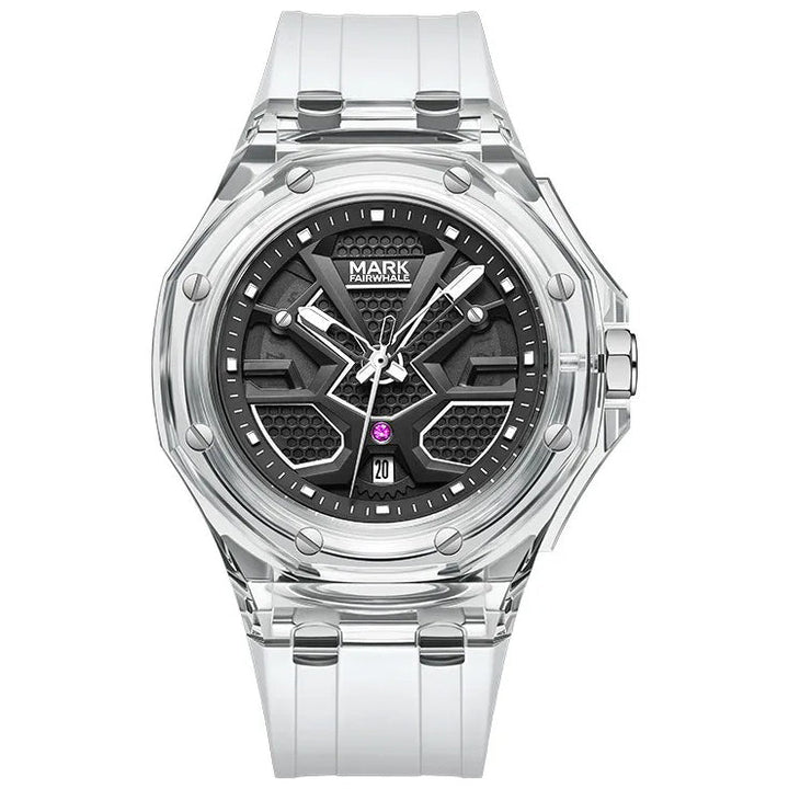 Mark Fairwhale 5920 VALIOMAX transparent sport watch with white dial encased in crystal-clear housing, splash effect background