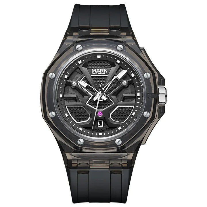 Mark Fairwhale 5920 VALIOMAX sport watch with black dial encased in crystal-clear housing, splash effect background