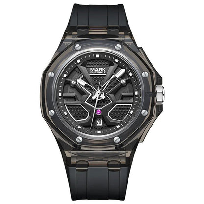 Mark Fairwhale 5920 VALIOMAX sport watch with black dial encased in crystal-clear housing, splash effect background