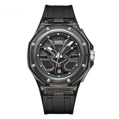 Mark Fairwhale 5920 VISORIX men’s quartz watch with smoked transparent case and black silicone strap.