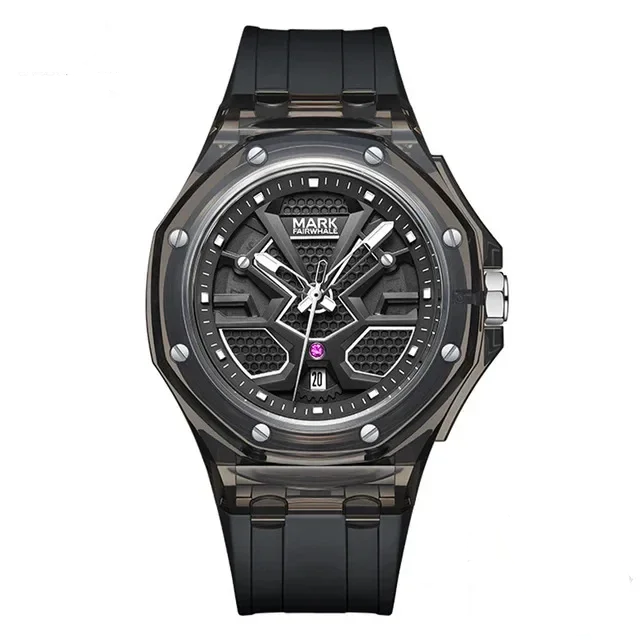 Mark Fairwhale 5920 VISORIX men’s quartz watch with smoked transparent case and black silicone strap.