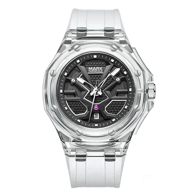 Mark Fairwhale 5920 VISORIX men’s quartz watch with transparent case, black dial, and white silicone strap – waterproof sports wristwatch.