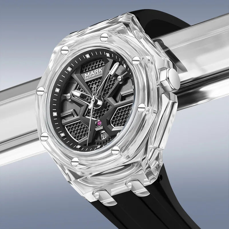 Mark Fairwhale 5920 VISORIX men’s quartz wristwatch featuring clear acrylic case and futuristic geometric dial.