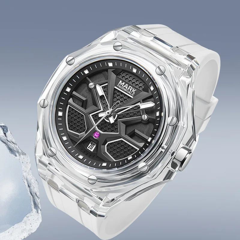 Mark Fairwhale 5920 VISORIX men’s transparent quartz watch with black silicone strap and 3ATM water resistance.