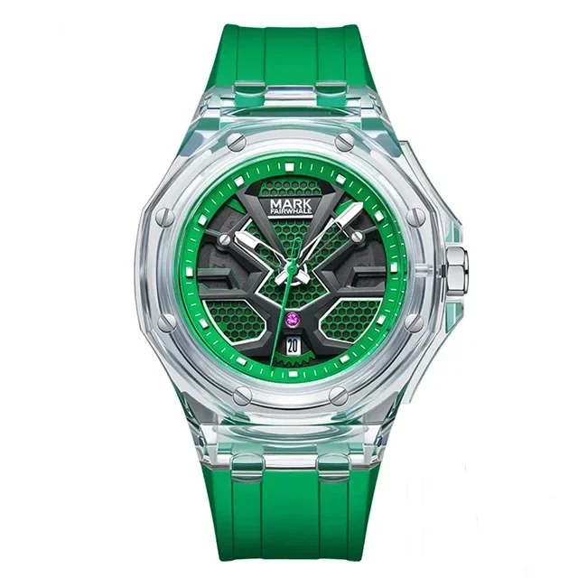 Mark Fairwhale 5920 VISORIX quartz watch with clear case, green silicone strap, and bold geometric dial design.