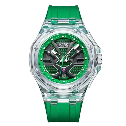 Mark Fairwhale 5920 VISORIX quartz watch with clear case, green silicone strap, and bold geometric dial design.