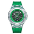 Mark Fairwhale 5920 VISORIX quartz watch with clear case, green silicone strap, and bold geometric dial design.