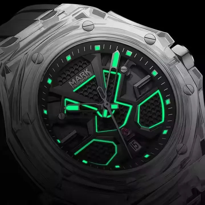 Mark Fairwhale 5920 VISORIX quartz watch with luminous hands glowing in the dark and transparent case.