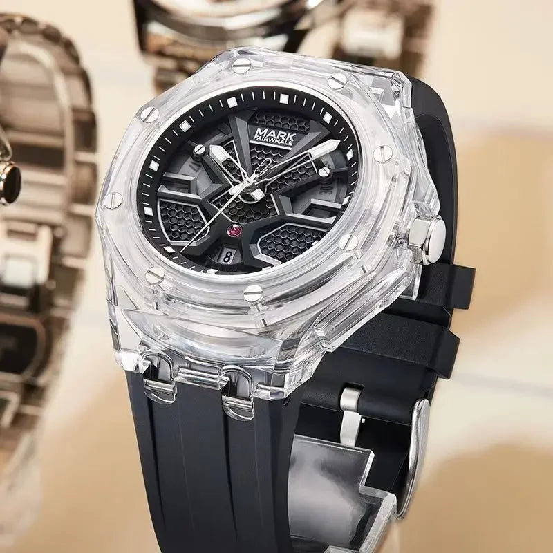 Mark Fairwhale 5920 VISORIX transparent case quartz watch with black silicone strap and luminous hands.