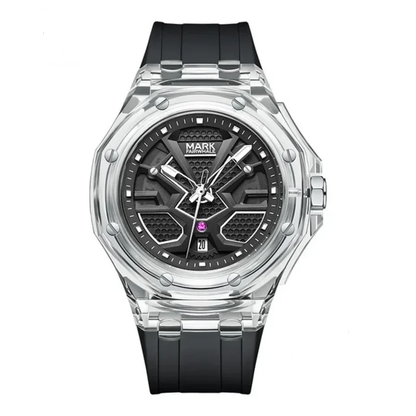 Mark Fairwhale 5920 VISORIX transparent case quartz wristwatch with black silicone strap and complete calendar.