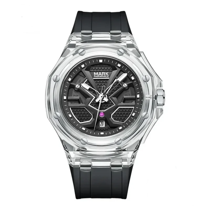 Mark Fairwhale 5920 VISORIX transparent case quartz wristwatch with black silicone strap and complete calendar.