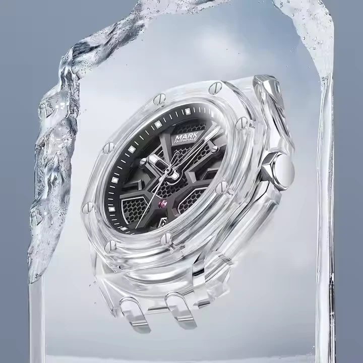Mark Fairwhale 5920 VALIOMAX transparent sport watch with white dial encased in crystal-clear housing, splash effect background