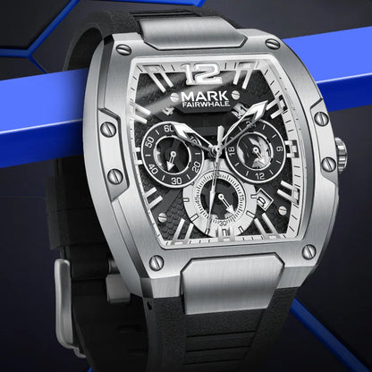 Mark Fairwhale 5950 TONIXOR stainless steel tonneau chronograph dial close-up.