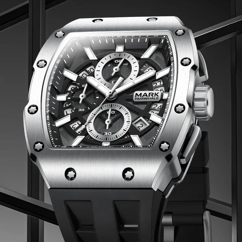 Close-up of Mark Fairwhale 5960 BARONIX men’s tonneau case chronograph watch with calendar