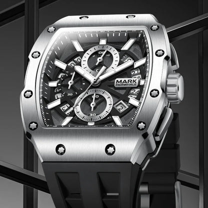 Close-up of Mark Fairwhale 5960 BARONIX men’s tonneau case chronograph watch with calendar