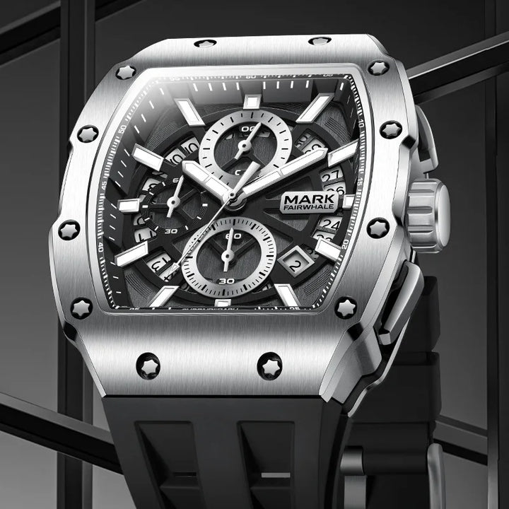 Close-up of Mark Fairwhale 5960 BARONIX men’s tonneau case chronograph watch with calendar