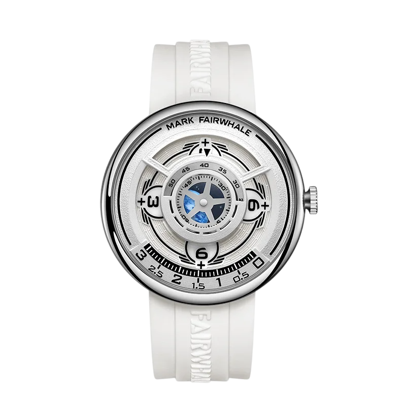 White watch with visible brand name on a white background