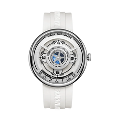 White watch with visible brand name on a white background