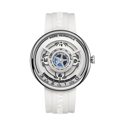 White watch with visible brand name on a white background