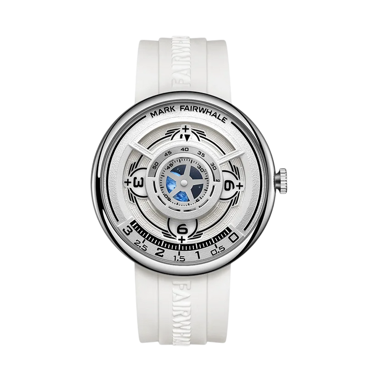 White watch with visible brand name on a white background