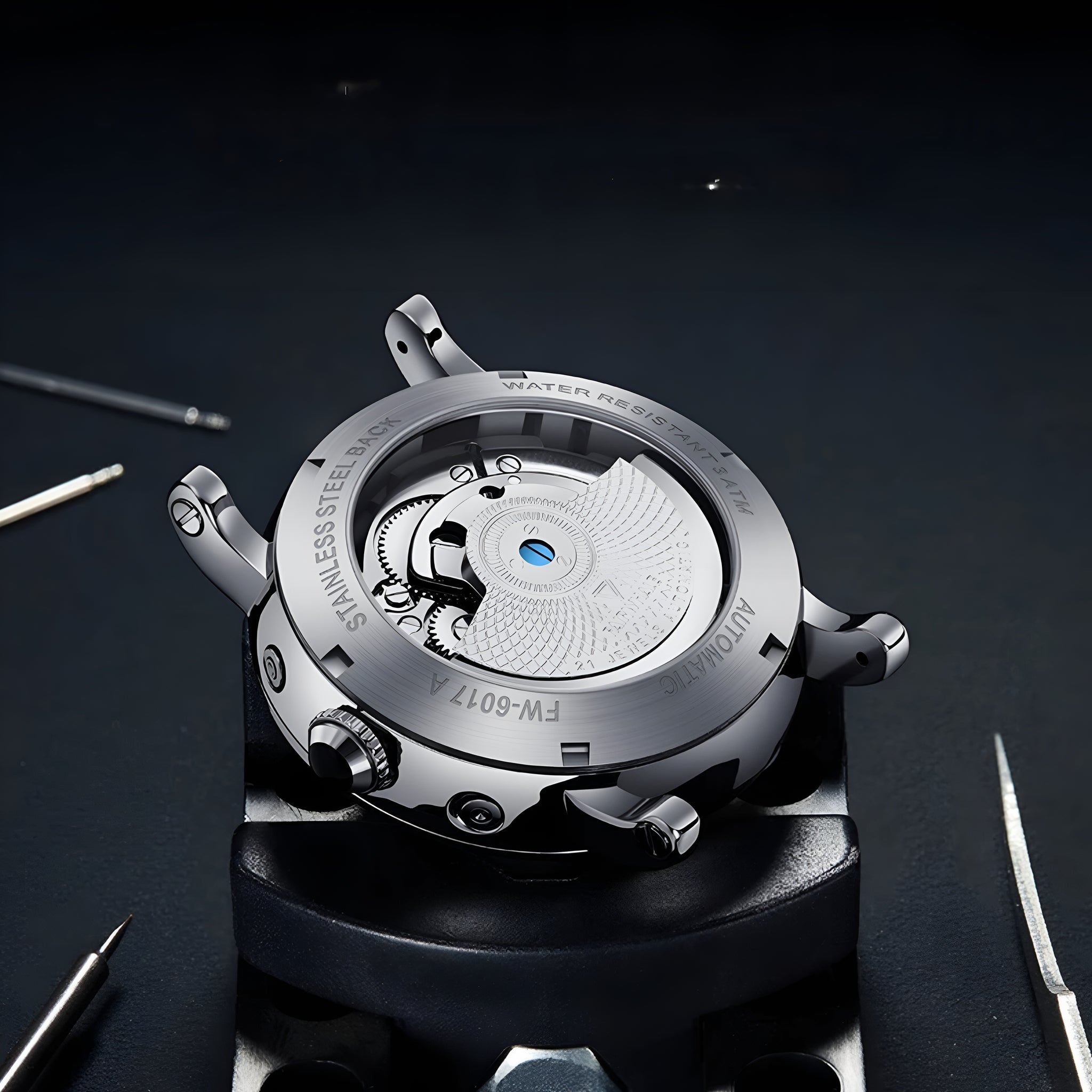 Mark Fairwhale 6017 automatic stainless steel caseback with visible mechanical movement